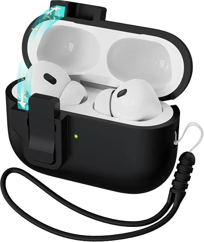 Kompatibel med AirPods Pro 2nd Generation Case Cover, Flytande Silikongummi Auto Pop-Up Militärklassad Anti-Fall Mjuk Silikon för AirPods Pro ze smyczą, Fram LED Synlig, Svart — Mobil och surfplatta