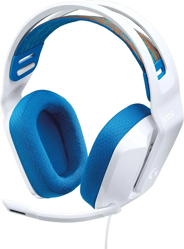 Logitech G G335 trådat spelheadset, med mikrofon som vänds upp för ljud av — Hörlurar och ljud