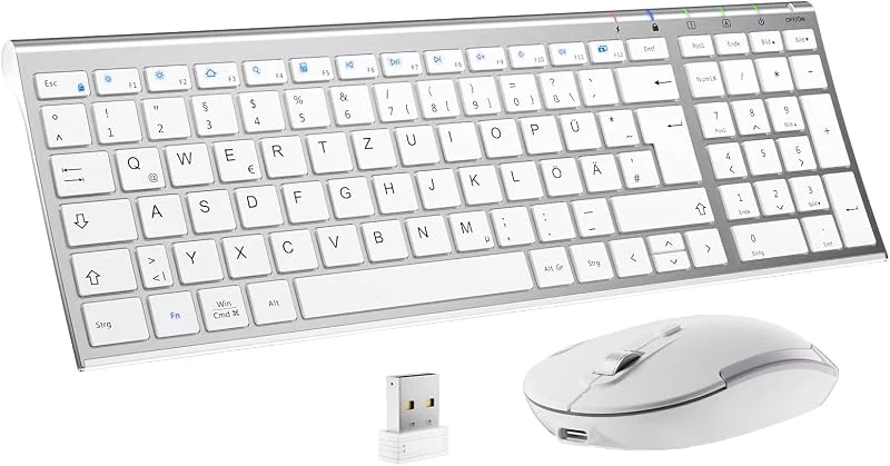 IClever trådlöst tangentbord musset, uppladdningsbart trådlöst tangentbord och mus, QWERTZ-layout (tyska ultratunt för dator, stationär dator, PC, laptop, Windows 10, 8, 7, vitt och silver — Datortillbehör