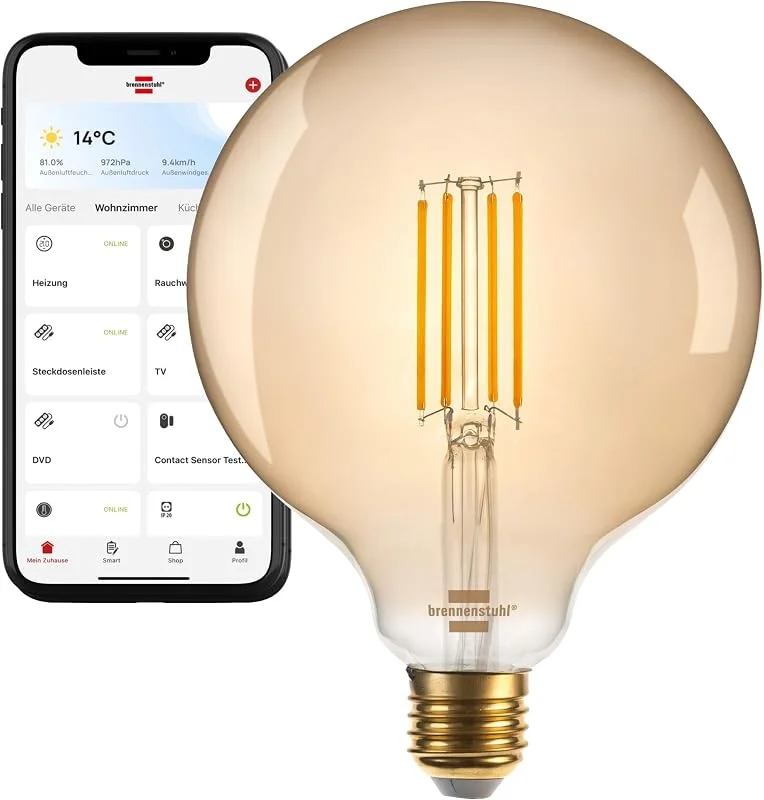 Brennenstuhl Connect WiFi Filament LED glödlampa Globe (Vintage WiFi lampa kompatibel med Amazon Alexa och Google Assistant, E27, 470lm, 4.9W, varmvitt 2200K, steglöst dimbar, retro, gratis app) — Smarta hem