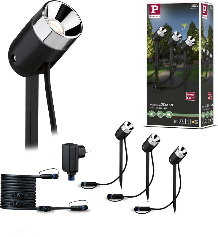 Paulmann 94242 Plug & Shine grundset Spot Pike LED utomhusbelysning rund inkl. 3x2, 2W Watt dimbar antracit plast 3000 K varmvit — Smarta hem