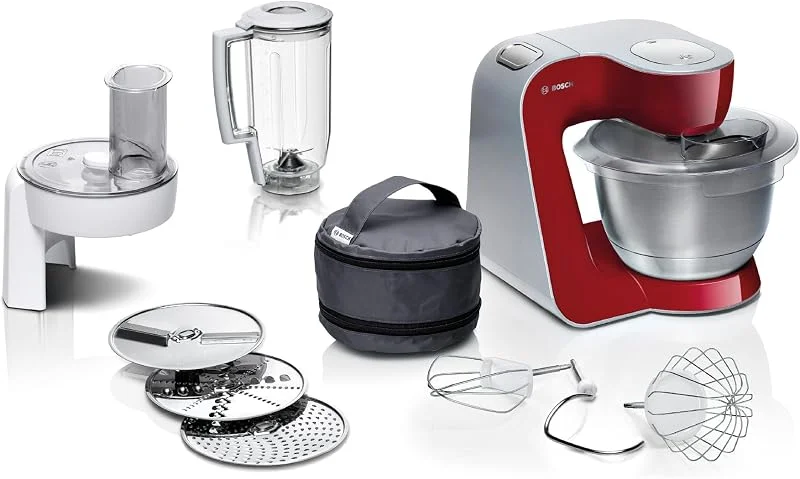 Bosch Köksmaskin MUM5 1000 Watt Röd - Konditorset - Mixer - Automatiskt Parkeringsläge - Sladdfack - 7 Hastigheter och Pulsfunktion - EasyArmLift som Lyfter upp Blandararmen Enkelt - MUM58720 — Kök & Hushåll