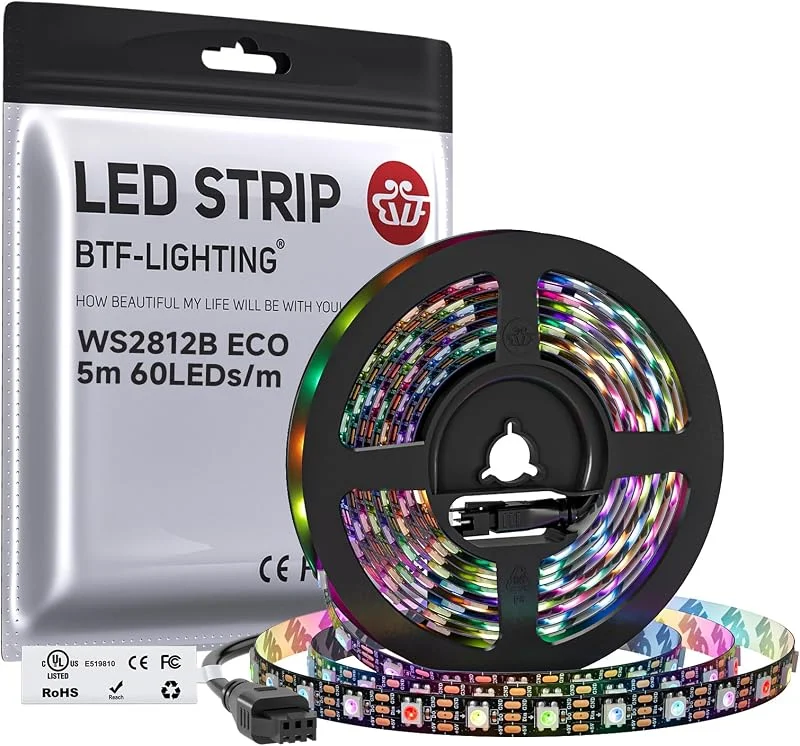 BTF-LIGHTING WS2812ECO RGB LED-remsa 5m 60 LEDs, pixels WS2812 Legeringstråd Individuellt adresserbar DC5V Svart PCB LED-remsbelysning IP30 Icke vattentät för DIY-projekt — Smart belysning