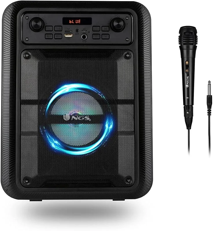 NGS ROLLER LINGO BLACK - 20W Bärbar Högtalare med Bluetooth 5.0-teknik och äkta Trådlös Stereo, med Karaoke-Mikrofon och Inbyggda LED-Lampor (USB, MicroSD, Line IN, mikrofoningång), Svart — Hörlurar och ljud