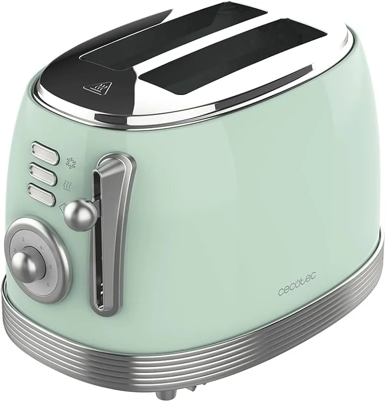 Cecotec Brödrost & knapp 800 vintage ljusgrön, 850 W, dubbla extra breda korta slitsar på 3, 8 cm, 2 brödskivor, rostfri finish, vintagestil, 3 funktioner, grön — Kök & Hushåll