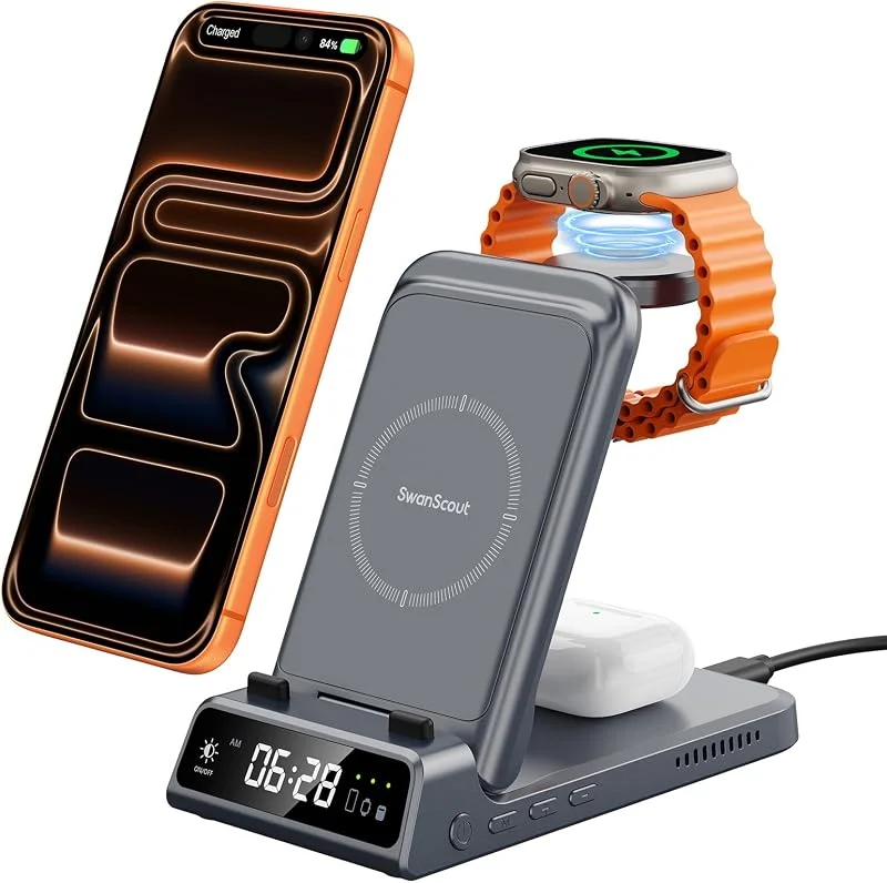 3 i 1 Hopvikbar Trådlös Laddare för i-Phone 18, 17, Apple Watch 12, Ultra 4 — Mobil och surfplatta