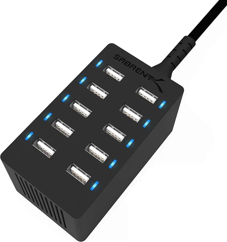 Sabret smart USB-laddare 60 watt 10 portar, snabbladdare med strömförsörjning, multi USB-laddningsstation, väggladdare kompatibel med Apple-produkter och smartphones, bärbara högtalare etc. (AX-TPCS) — Laddning och kablar