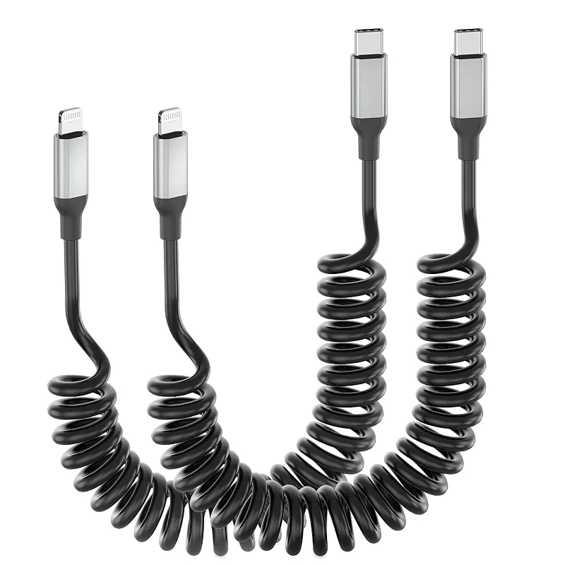 Acecene USB C till Lightning spiralkabel [2 stycken Apple MFi-certifierad Carplay kabel iPhone laddningskabel kort, 2, 4 USB C till Lightning-kabel för iPhone 14 13 12 11 Pro Max X XS XR 8 7 6 Plus SE — Mobil och surfplatta