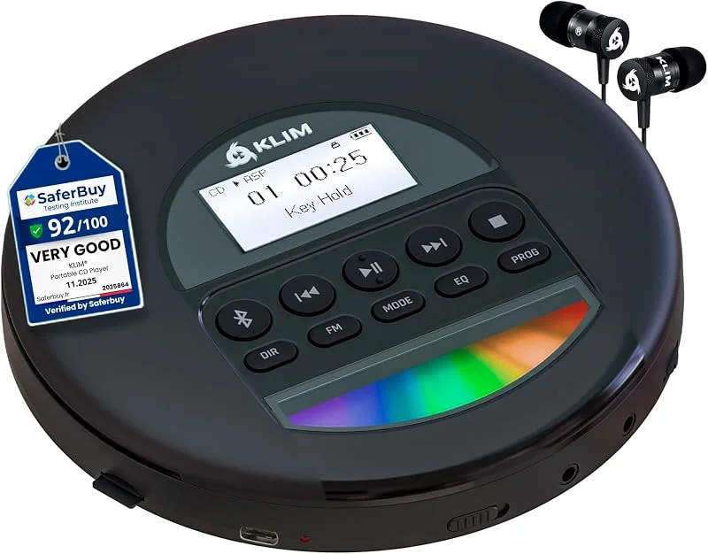 KLIM Nomad - nyhet 2024 - bärbar CD-spelare - långvarigt inbyggt batteri - med hörlurar - kompatibel med CD-R, CD-RW, MP3 - Bluetooth-spelare CD-spelare för bil, hem, utomhus svart — Portabel digital och ljud