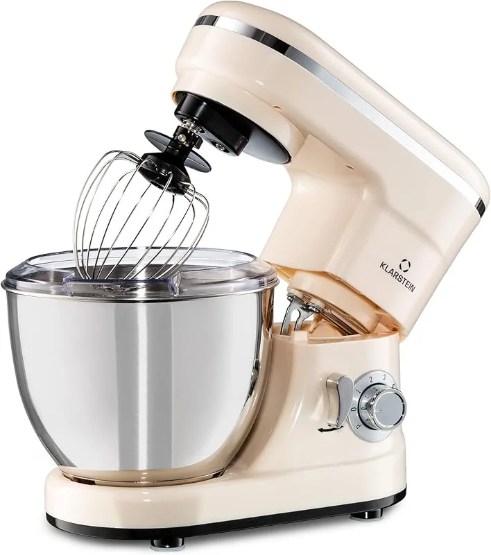 Klarstein Bella Kitchen Machine 1200 W, Stand Mixer with 4 L Stainless Steel Bowl, Planetary Mixing System, 6 Speeds, Pulse Function, 3 Attachments, Cream — Kök & Hushåll