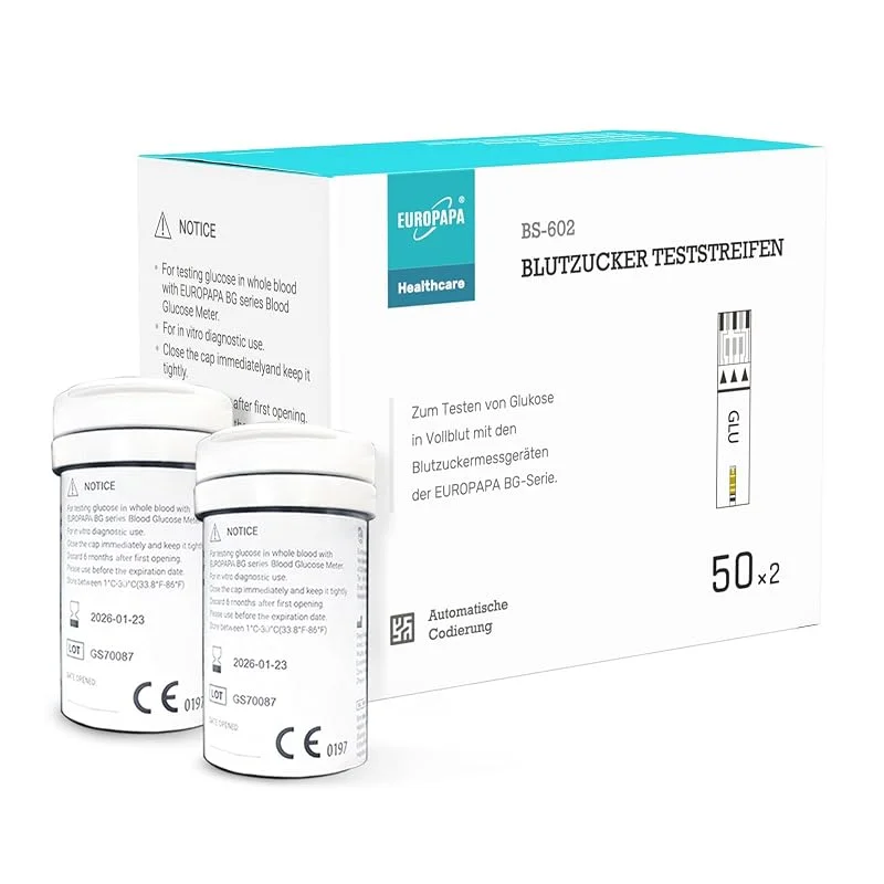 EUROPAPA® blodsockerteststickor 100 st. för kontroll av blodsockervärde, diabetesdiabetes och glukosövervakning, teststickor Tillämplig EUROPAPA BG-serie blodsockermätare — Mobil och surfplatta