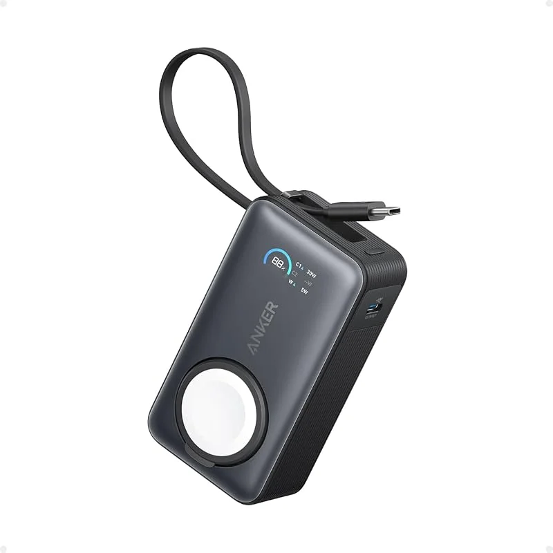 Anker MagGo powerbank för Apple Watch, officiellt certifierad, 10000mAh kompakt batteripaket med integrerad USB-C-kabel, 35W Max., för iPhone 16, iPhone 15-serien, iPad, AirPods och mer — Mobil och surfplatta