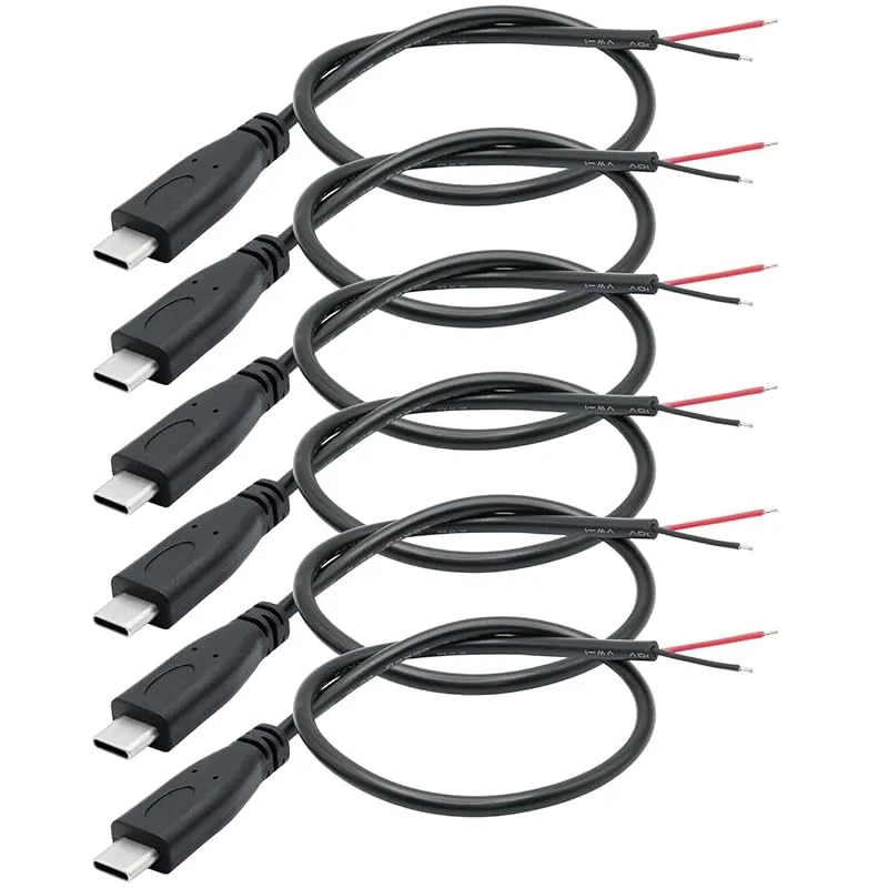 Greluma 6 st 0, 25 m Type-C Pigtail-kabel, 2-trådig USB C-förlängningsströmkabel, 22AWG 12V 3A Typ-C hane-kabel, USB-C-kontakt till 2-stifts Bare Wire Open End-kontakt för gör-det-själv — Mobil och surfplatta