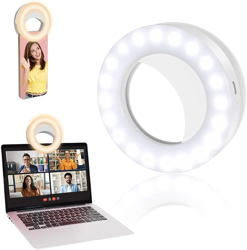OSDUE Selfie-ringlampa för telefon, uppladdningsbar, bärbar klämringlampa med 3 färger och 40 lysdioder för surfplatta bärbar dator, zooma makeup, vlog och videokonferens — Mobil och surfplatta