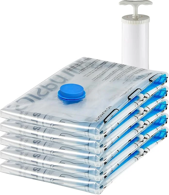 Amazon basics vakuumpåse för kläder med lufttät ventil och handpump – stor, 5-pack, dragkedja, transparent — Kök & Hushåll