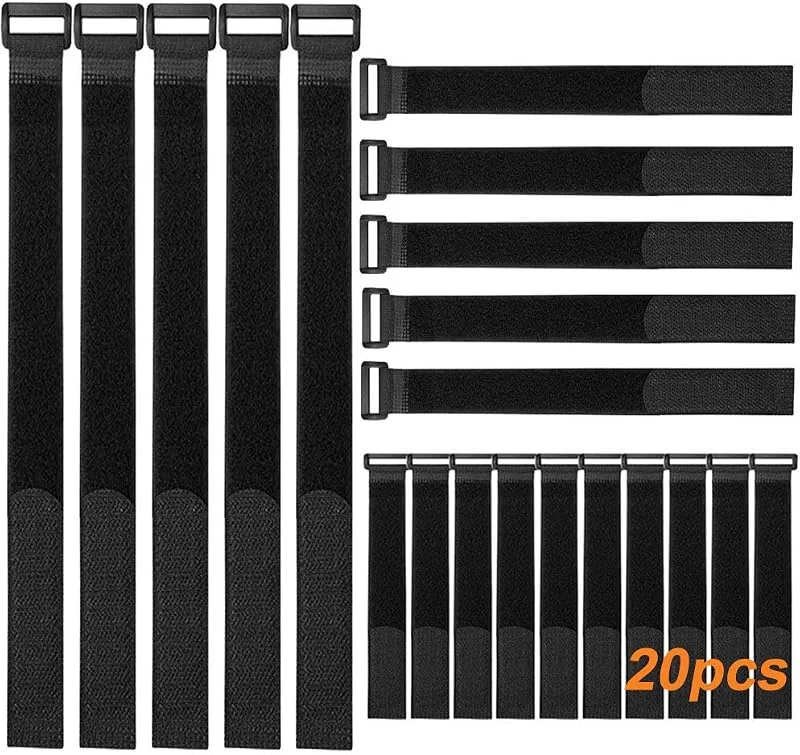 20 Stycken Svart Nylon Kabelband Set, Återanvändbara Kabelremmar, Justerbara Kardborreband Buntband, Multifunktionell Kabelorganisatör (20 cm, 30 cm, 40 cm) — Laddning och kablar