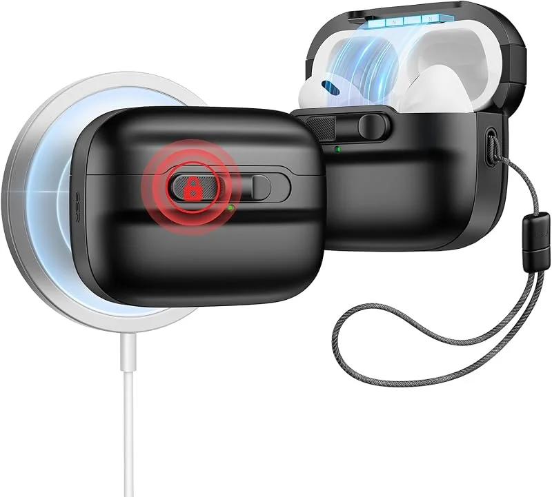 ESR för AirPods Pro 2:a generationens fodral, kompatibelt med AirPods Pro-fodral 2:a, 1:a generationen (2023, 2022, 2019), MagSafe-redo, magnetiskt locklås, heldroppskydd med snodd, pulsserie, svart — Mobil och surfplatta