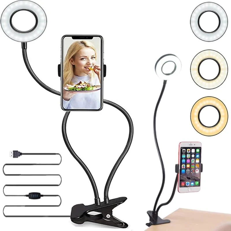 Retoo Ringljus LED svanhals klämlampa, mobiltelefon selfiering, ljus bord ringlampa, med mobiltelefonhållare, för live-stream, smink, fotografi, YouTube, vlog, telefon, dimbar bord 10 cm — Mobil och surfplatta