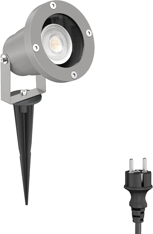 ledscom.de Trädgårdsspotlight DUK med jordspik för utomhusbruk, IP65, plugg, grå, inkl. GU10 LED 468lm varm vit — Smart belysning