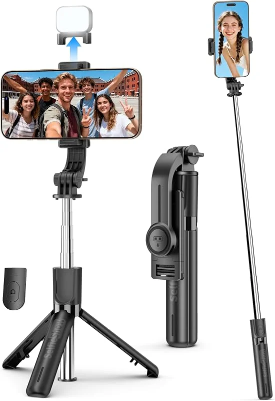 Mini Selfie Stick resestativ för mobiltelefon med ljus, utdragbar Selfie Stick för iPhone med avtagbar fjärrkontroll, iPhone-stativ för videoinspelning, fotografering, kompatibel med mobiltelefoner — Mobil och surfplatta