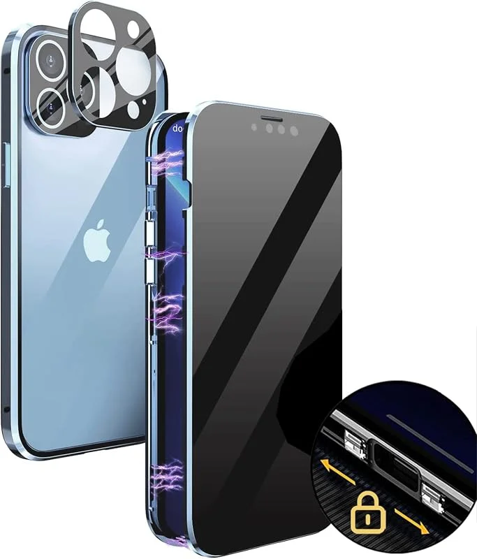 Anti-spy skal för iPhone 12 Pro Max, 360 graders magnetiskt mobiltelefonfodral med insynsskydd [fram och bak härdat glas helkropp skydd] Helkropp integritet anti-peep Case, blått — Mobil och surfplatta