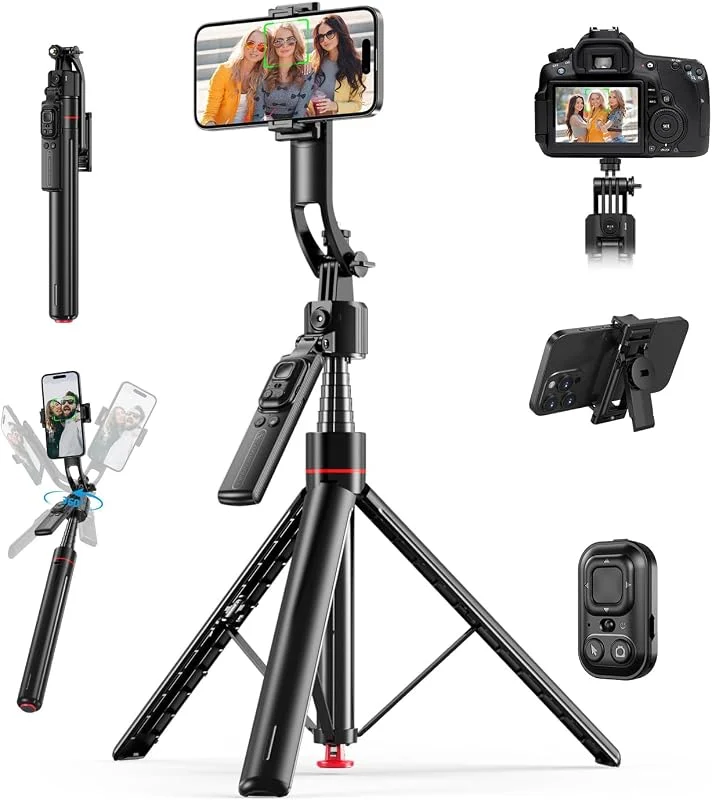 Auto Ansiktsspårning Selfiepinne med Stativ av MMOBIEL – 360° Roterande AI Mobilhållare – 176 cm Utdragbar, Geststyrning, Bluetooth 5.4, Fjärrkontroll & Auto Pop-up Tripod för iPhone, Android, GoPro — Mobil och surfplatta