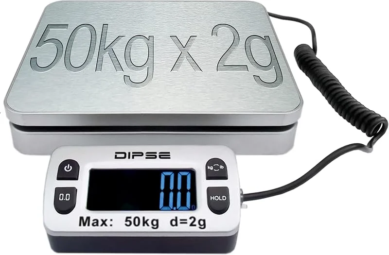 DIPSE Parcel Mini 50 kg x 2 g – digital paketvåg upp till 50 kg i 2 g-steg, extern LC-display och vägningsplattform i rostfritt stål, Nollställningsfunktion kg, g och pund, digital köksvåg, bordsvåg, brevvåg — Kök & Hushåll
