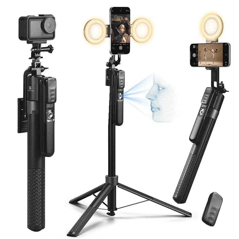 K&F CONCEPT Selfie-pinne 180 cm, 360° AI-följare, vikbar och automatisk, 2 lysande ringar, gestkontroll, Bluetooth-fjärrkontroll, 7-i-1 för Video, Vlog, Live — Mobil och surfplatta