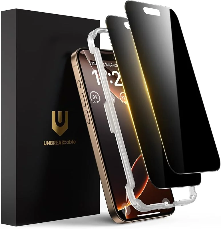 UNBREAKcable Sekretess skärmskydd för iPhone 16 Pro, anti-spionsäkert härdat glas [True 28°Anti-spion] [9H hårdhet] [Enkel installationsram] svart skydd för iPhone 6, 3 tum – 2-pack — Mobil och surfplatta