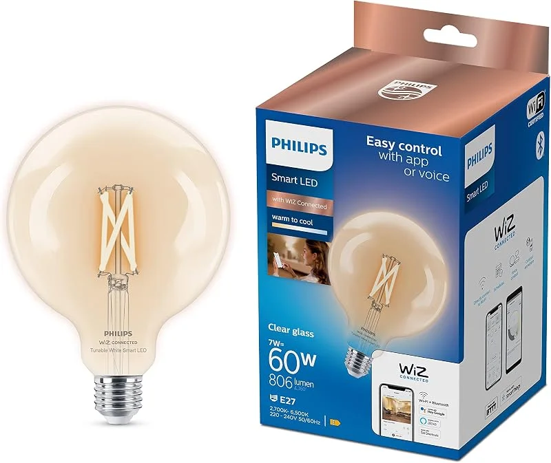 Philips Smart LED Globe Filament - Smart LED-belysning - Varmt till kallt vitt ljus - E27-60W - Transparent - Wi-Fi — Smarta hem