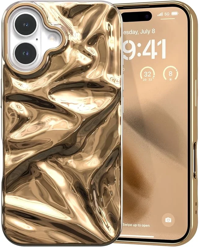ZCDAYE skal för iPhone 16 fashionabel vatten ripple textur, guld — Mobil och surfplatta