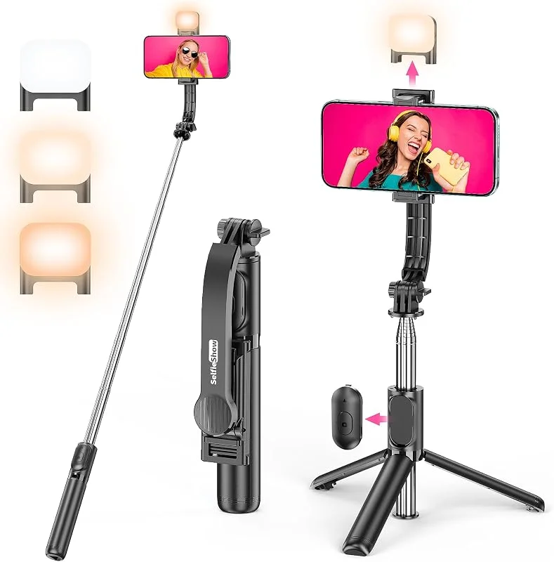Selfie Stick Stativ med fyllnadsljus, utdragbart 4 i 1 selfie-stativ med avtagbar fjärrkontroll och mobiltelefonhållare Smartphone-stativ 360°roterbart bärbart resestativ kompatibelt för iPhone 16, 15 — Mobil och surfplatta