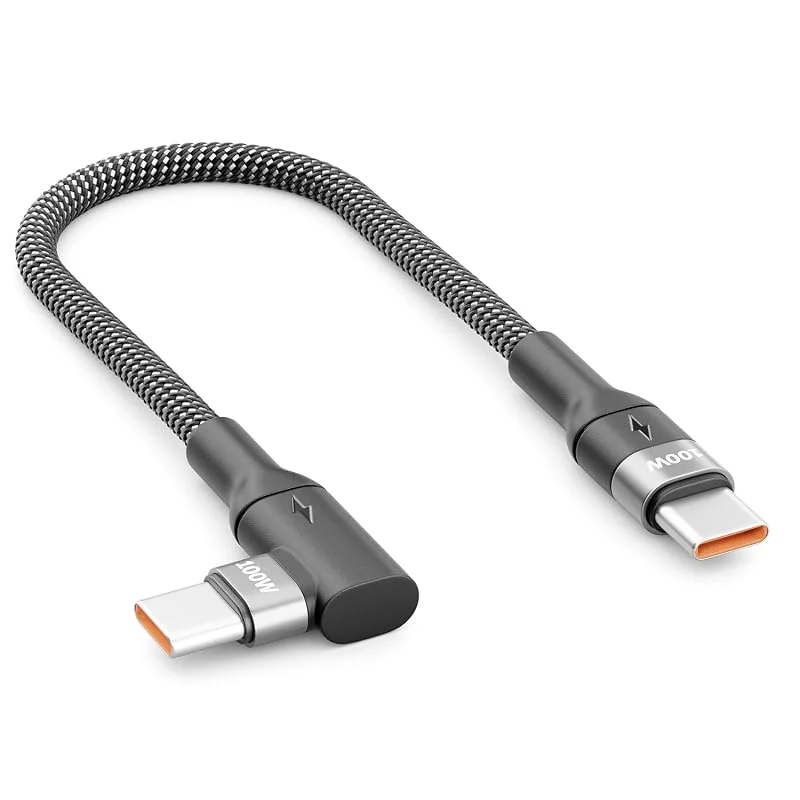 deleyCON 0, 15m 100W USB‑C Laddkabel Kort Vinklad 90° - C till C - Vinklat Kabel för iPhone 17 16 15 Pro Max Air Galaxy A16 A56 S25 S24 S23 Pixel iPad Pro MacBook AirPods Surfplatta PS5 — Mobil och surfplatta