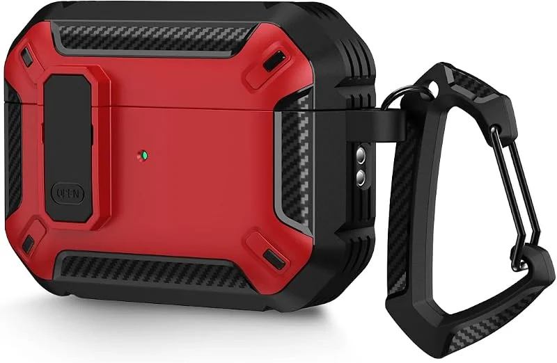 WALLFID AirPods Pro 2. Generation Case Cover 2022 med låslock och nyckelringskrok, dubbla lager, dammtätt, stötsäkert, robust fodral (svart och röd) — Mobil och surfplatta