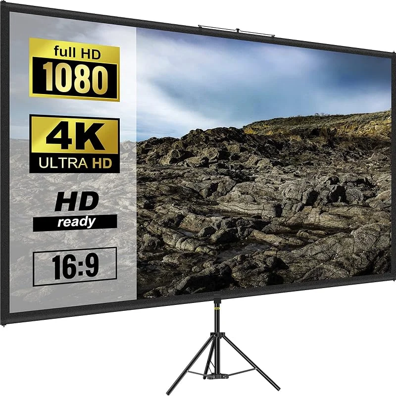 VEVOR Stativprojektorskärm med stativ 110 tum 16:9 4K HD-projektion skärmstativ skrynkelfri höjd justerbar bärbar skärm för projektor inomhus och utomhus för film, hemmabio, spel, kontor — Portabel digital och ljud