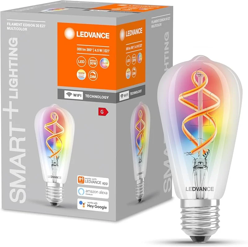 LEDVANCE Smart LED-lampa med Wifi, E27, RGB-färger som kan ändras, Edison-form, färgad glödtråd som stämningsljus, ersättning för konventionella 60W-lampor, kontrollerbar med Alexa, Google & App. — Smarta hem
