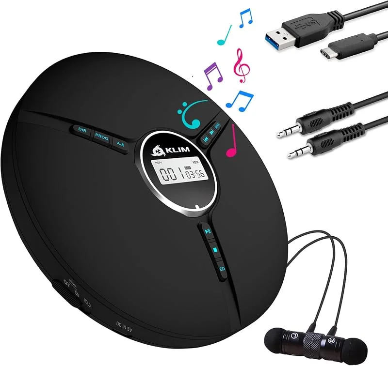 KLIM Discman - Portable CD Player med inbyggt batteri, inklusive atfusionshörlurar. Kompakt mini CD-spelare, kompatibel med CD-R, CD-RW och MP3. Discman CD -spelare - Ny publikation -Schwarzz — Portabel digital och ljud