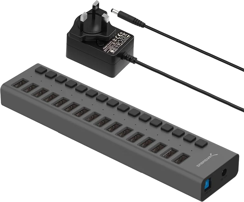 Sabren driven USB-hub, 16-portars 90 W USB 3.2 x 1 dockningsstation, multienhet driven snabb datahub, LED på, av-brytare, monteringsfäste ingår (HB-PU16) — Laddning och kablar