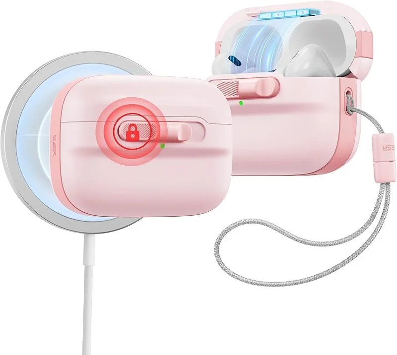 ESR för AirPods Pro 2-fodral (2023, 2022, 2019, 2:a, 1:a generationen), kompatibel med Airpods Pro 2 (USB-C, Lightning-kabel), MagSafe-redo, magnetiskt locklås, heldroppskydd med snodd, rosa — Mobil och surfplatta
