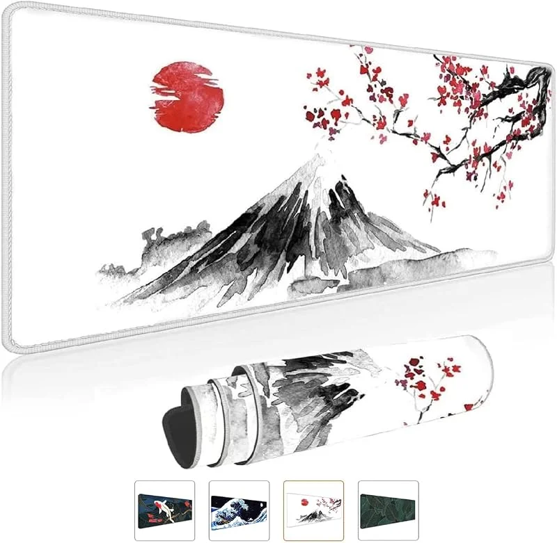 Gaming-musmatta vit, XXL 800x300 mm, Japan tuschmålning, berg, Sakura, sol, berget Fuji, musmatta stor, sydda kanter, vattentät halkfri för PC, MacBook, bärbar dator — Datortillbehör