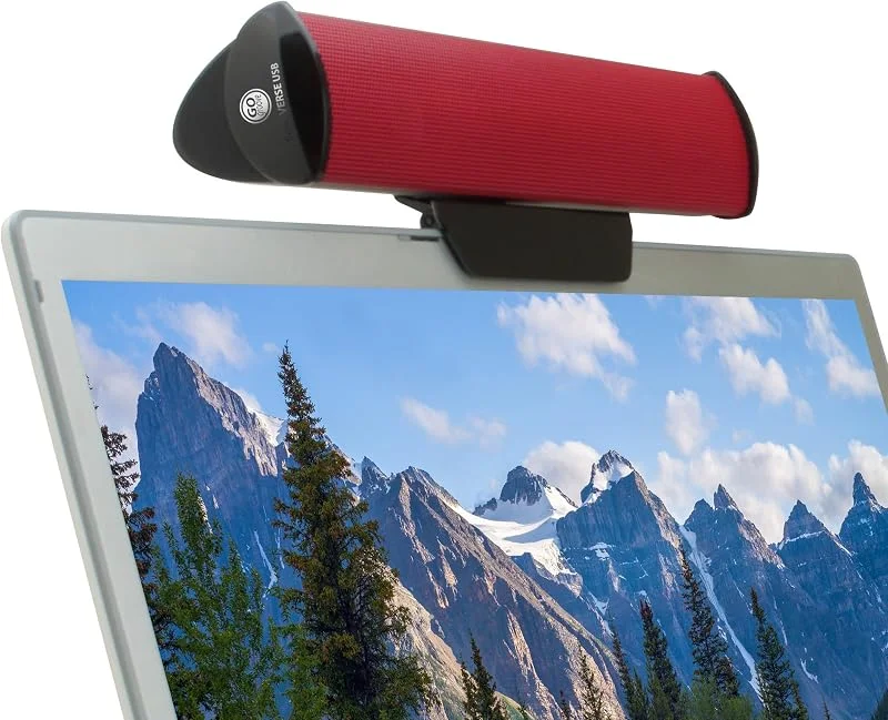 GOgroove USB-högtalare för bärbar dator – SonaVERSE USB-driven mini-soundbar med clip-on, bärbar extern högtalardesign för skärm, en USB-kabel för digital ljudingång och ström (röd) — Hörlurar och ljud