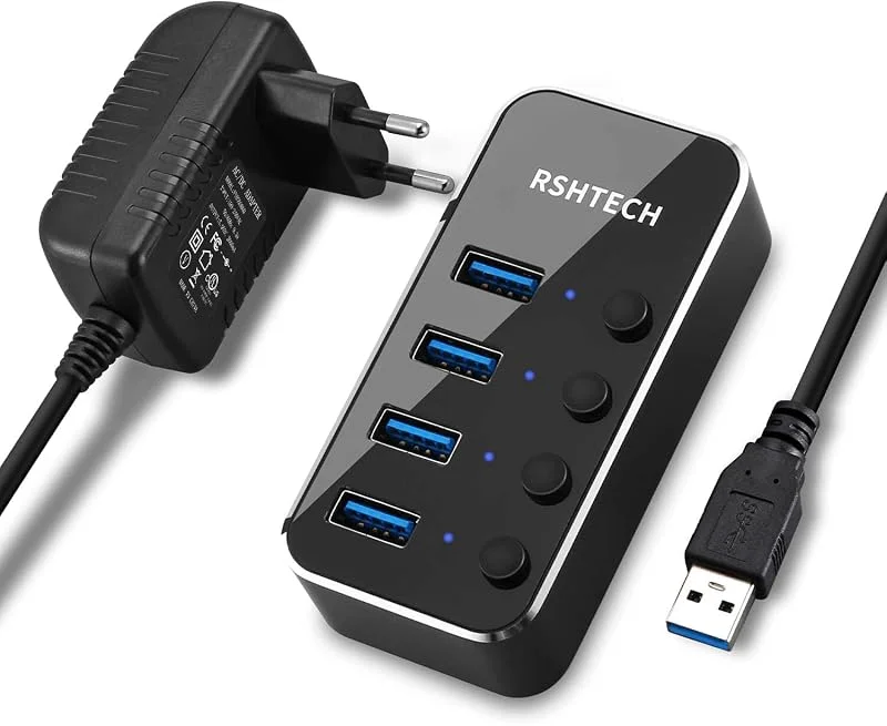 RSHTECH USB Hub Aktiv 3.0 med strömförsörjning, USB 3.0-hubb aktiv med 4 portar USB-fördelare 3.0 datahub med 10 W (5 V, 2 A) strömförsörjning och enstaka brytare, för dataöverföring, lättare och bärbar — Laddning och kablar
