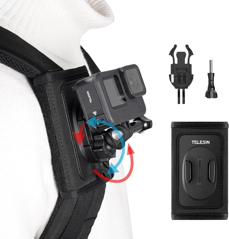 TELESIN Ryggsäck axelrem montering för GoPro Hero 13 12 11 10 9 8 7 6, Max, DJI OSMO Action, Insta360, med 360° rotation, justerbar dyna J krok väskhållare, actionkameratillbehör — Portabel digital och ljud