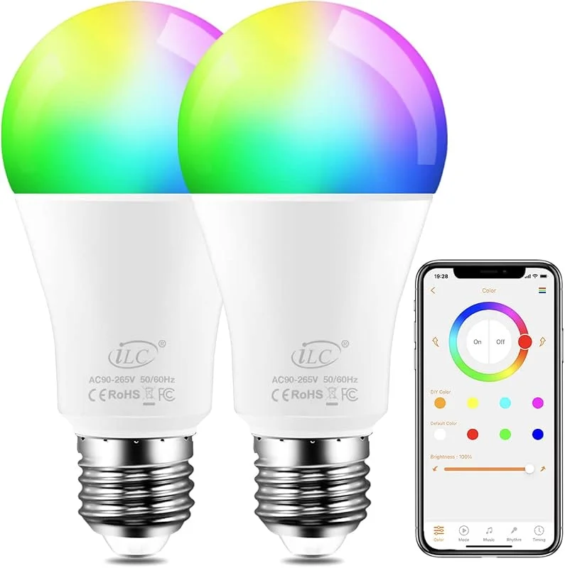 iLC, LED RGBW-lampa 10W E27 RGB + varmvit, synka med musik, färgskiftande glödlampa med APP, 16 miljoner färger, 20 lägen (2 stycken) — Smart belysning