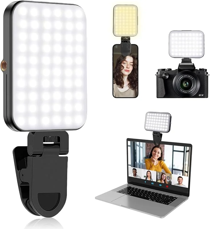 Flintronic 60 LED-selfie-ljus, bärbar selfie-lampa med klämma och kamerastativadapter, 3 belysningslägen, uppladdningsbara fyllningslampor för telefon, kamera, bärbar dator, vlogfotografi, smink — Mobil och surfplatta