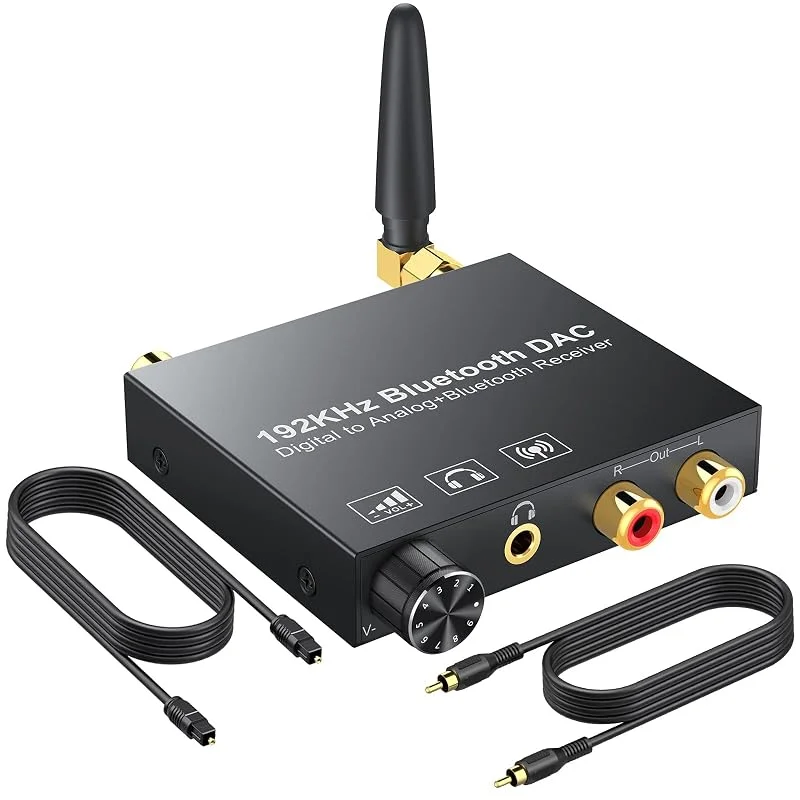 PROZOR Bluetooth DAC-omvandlare – 192 kHz med volymknopp digital optisk koaxial till RCA 3, 5 mm DAC Bluetooth-mottagare digital till analog ljudomvandlare med 1 m, 3 fot optisk kabel för HDTV Blue Ray — Portabel digital och ljud