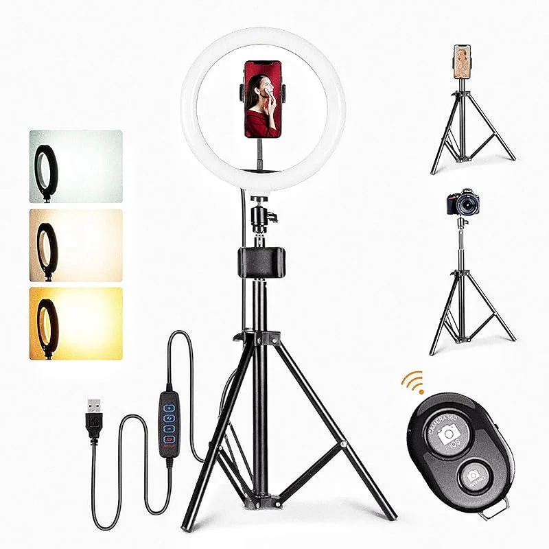 D94DS 25 cm ringljus med stativ och mobiltelefonhållare – dimbar skönhetsfotografering, 3 färglägen, 10 ljusstyrkenivåer, perfekt för live-streaming, YouTube, TikTok, Vlogs, höjd ca 160 cm – för — Mobil och surfplatta