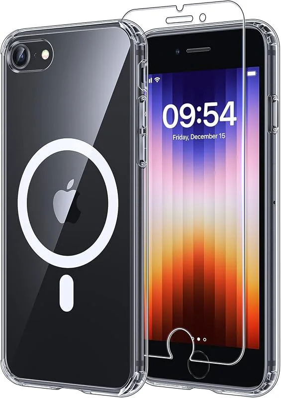 TAURI för iPhone 8, 7, SE 3, 2 (2022, 2020) skal 4, 7 tum med pansarskyddsglasfolie, kompatibel med MagSafe, skydd enligt militärstandard, [antigulning] stötsäkert magnetiskt mobilskal – transparent — Mobil och surfplatta