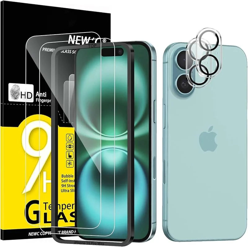 NEW'C Skärmskydd för iPhone 16 + Kameraskydd med Monteringshjälp — Mobil och surfplatta