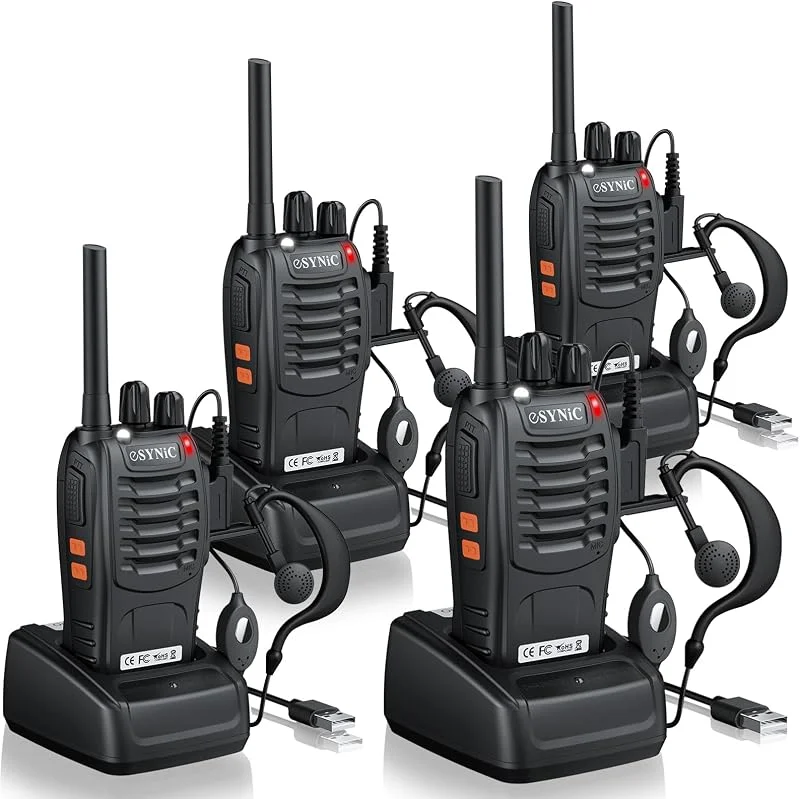 eSynic 4-pack Professionella Walkie-talkies med Lång Räckvidd – 16 Kanaler, 1500mAh USB-laddning, VOX – Perfekt för Utomhusäventyr, Camping och Cykelsport — Portabel digital och ljud